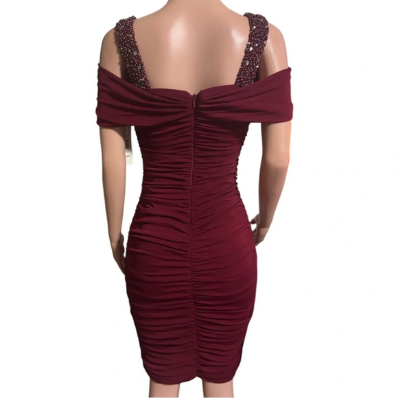 BADGLEY MISHKA Wine Red Rutched Bodycon Dress - Picture 3 of 14